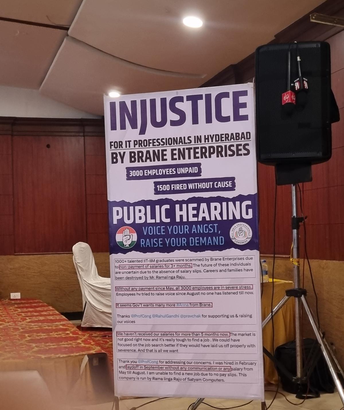 A banner at the public hearing at Nampally Exhibition Grounds on Sunday.