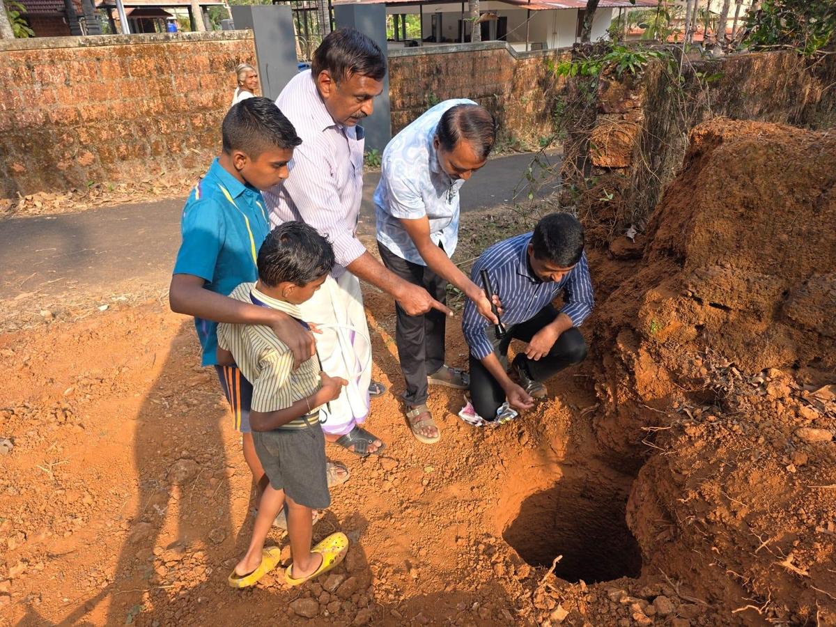 The laterite rock-cut chamber unearthed during excavation for the construction of a compound wall at Panayal in Kasaragod district.
