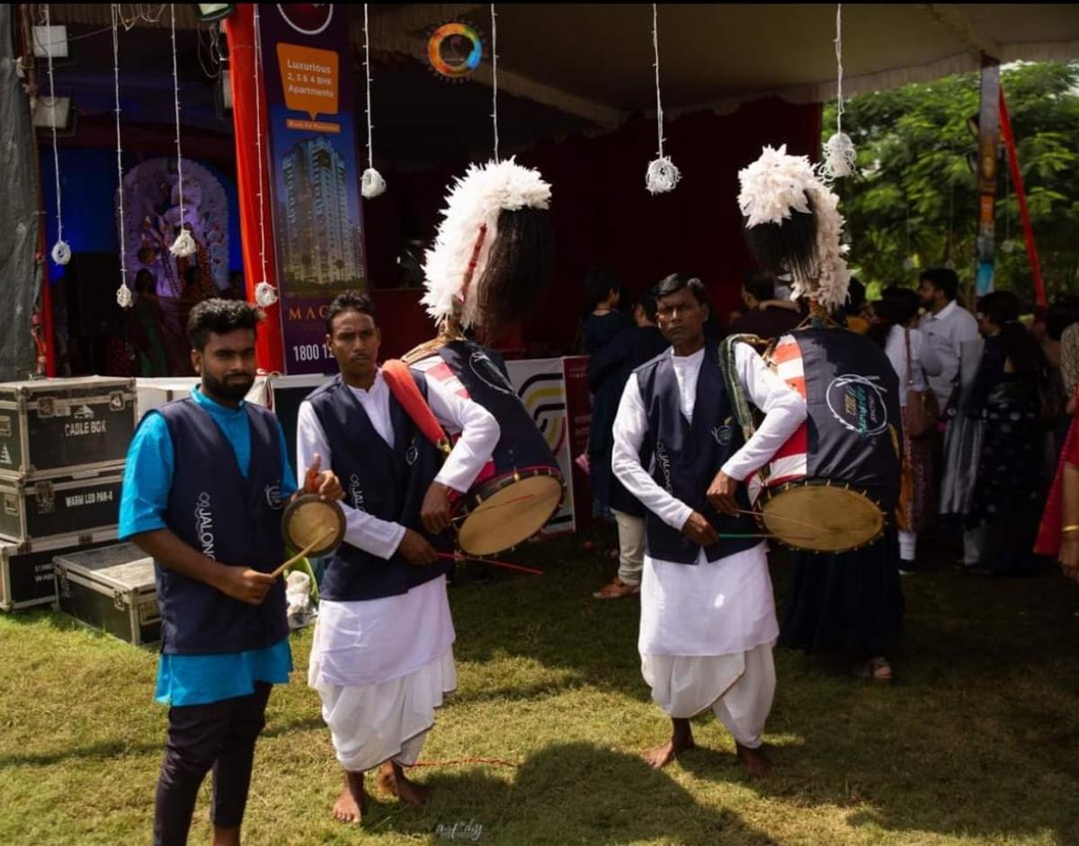 Dhakis play dhak at the Durga Puja celebrations at National Institute of Tourism and Hospitality Management in Gachibowli (file photo)