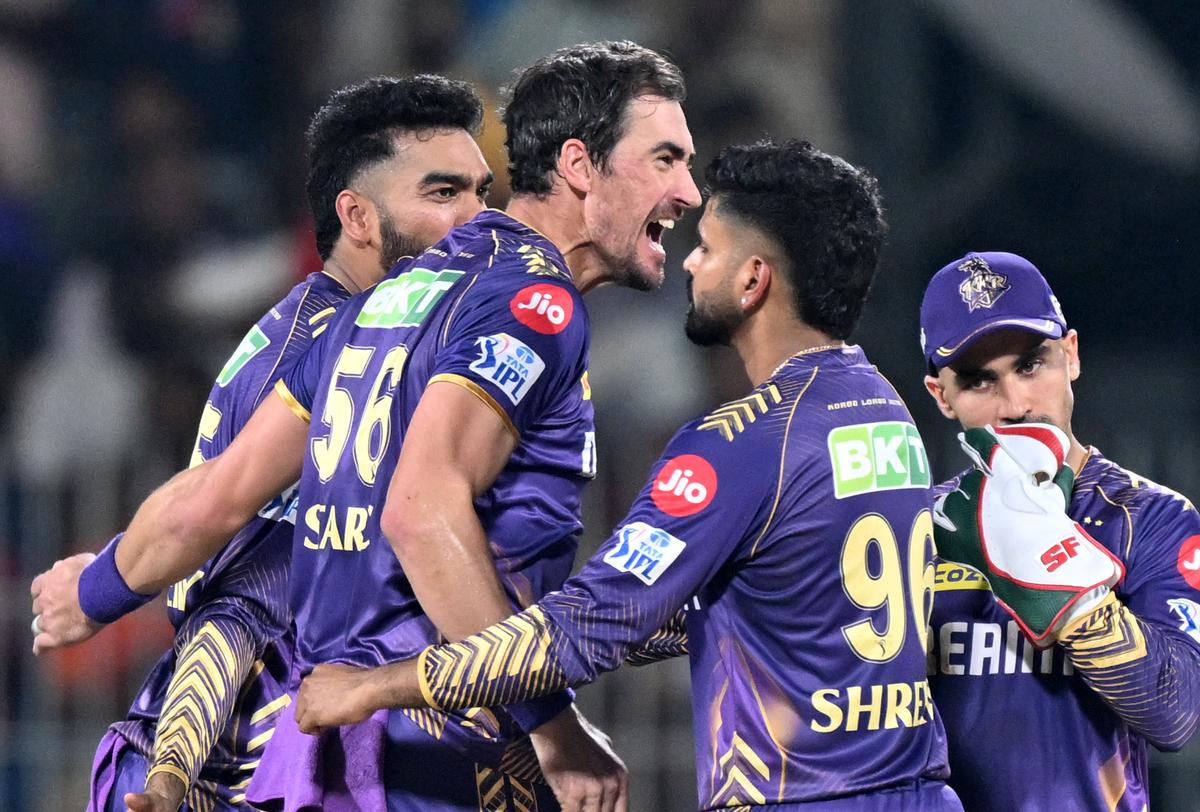 Kolkata Knight Riders bowler Mitchell Starc celebrates a wicket during the IPL 2024 final against Sunrisers Hyderabad in Chennai on May 26, 2024.