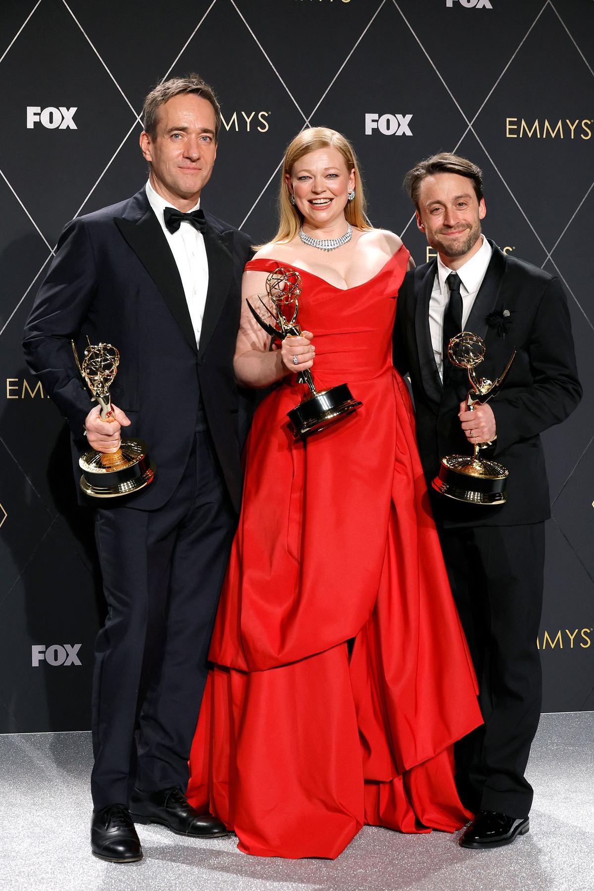 LOS ANGELES, CALIFORNIA - JANUARY 15: (L-R) Matthew Macfadyen, winner of Best Supporting Actor in a Drama Series, Sarah Snook, winner of Best Actress in a Drama Series, and Kieran Culkin, winner of Best Actor in a Drama Series for 'Succession' (Best Drama Series) pose in the press room during the 75th Primetime Emmy Awards at Peacock Theater on January 15, 2024 in Los Angeles, California.   Frazer Harrison/Getty Images/AFP (Photo by Frazer Harrison / GETTY IMAGES NORTH AMERICA / Getty Images via AFP)