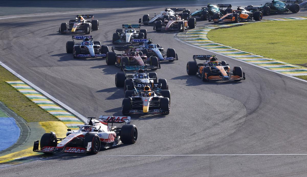 Haas’ Kevin Magnussen ahead of Red Bull’s Max Verstappen during sprint qualifying.