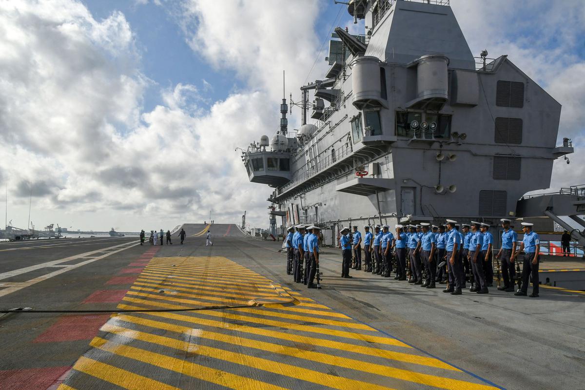 KOCHI: The flight deck of the maiden indigenous aircraft carrier, to be named Vikrant and commisisoned into the Navy soon. Its island structure with the pennant number, R11, is to the starboard side. 