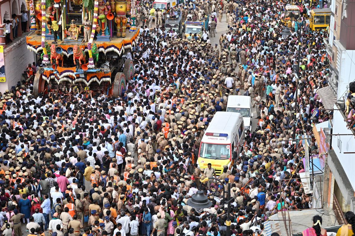 An ambulance was pressed into service to attend medical emergency of a fainted devotee during the car festival in Tiruvannamalai on Sunday.