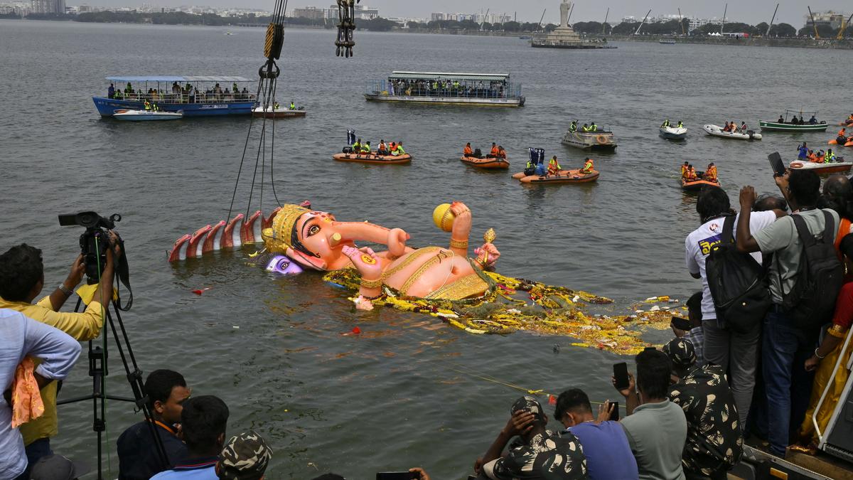 70-feet Khairtabad Ganesh idol immersed in Hussain Sagar Lake amidst grand procession