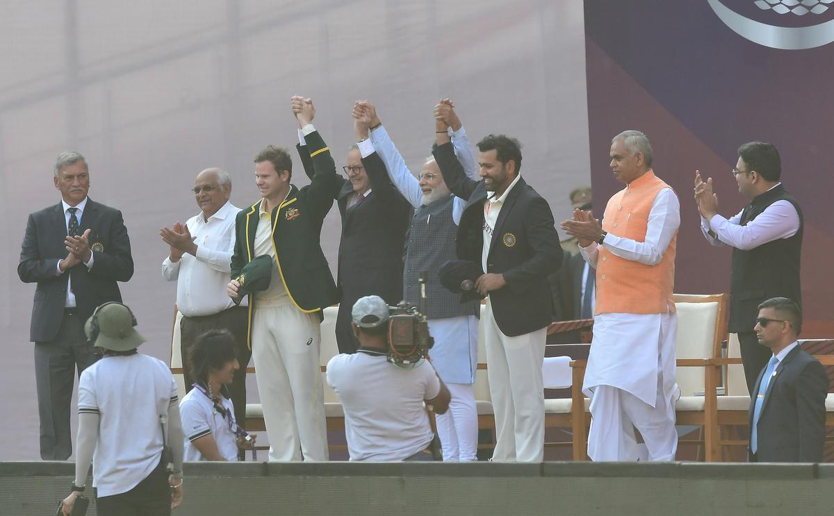 Prime Minister Narendra Modi with Australian Prime Minister Anthony Albanese pose with India captain Rohit Sharma and Australian skipper Steve Smit during day one of the Fourth Test matchat Sardar Patel Stadium in Ahmedabad on Thursday, on March 9, 2023. 
