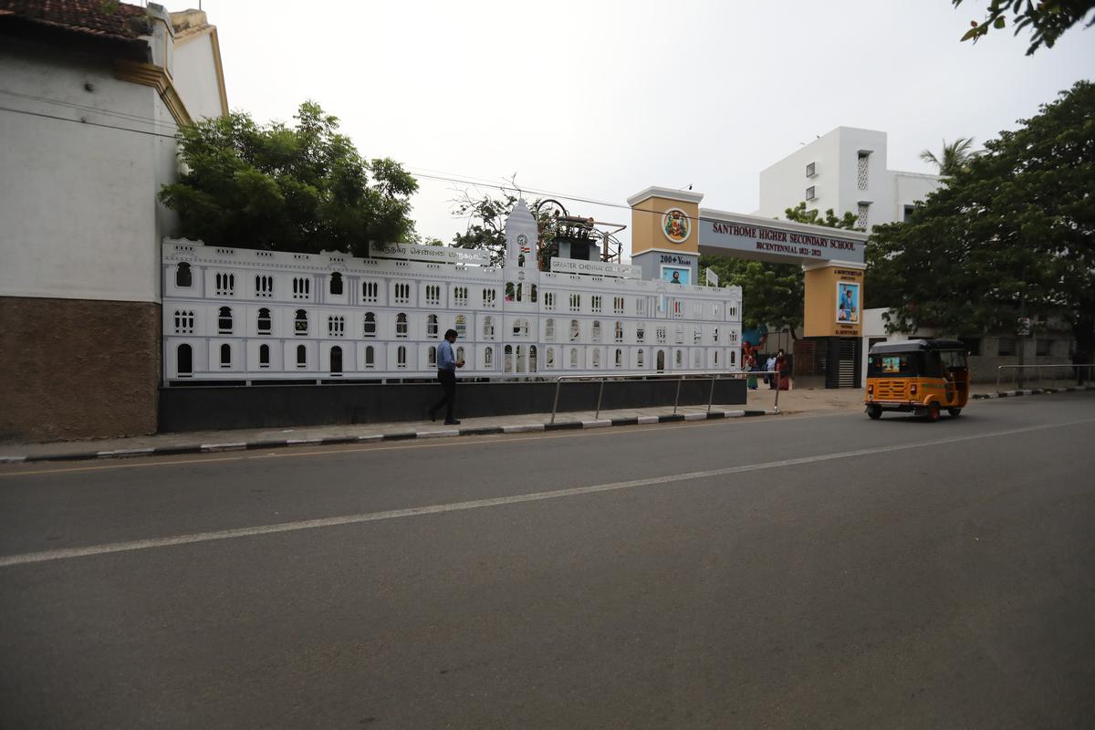 Ripon Building on Santhome High Road, right outside Santhome Higher Secondary School 
