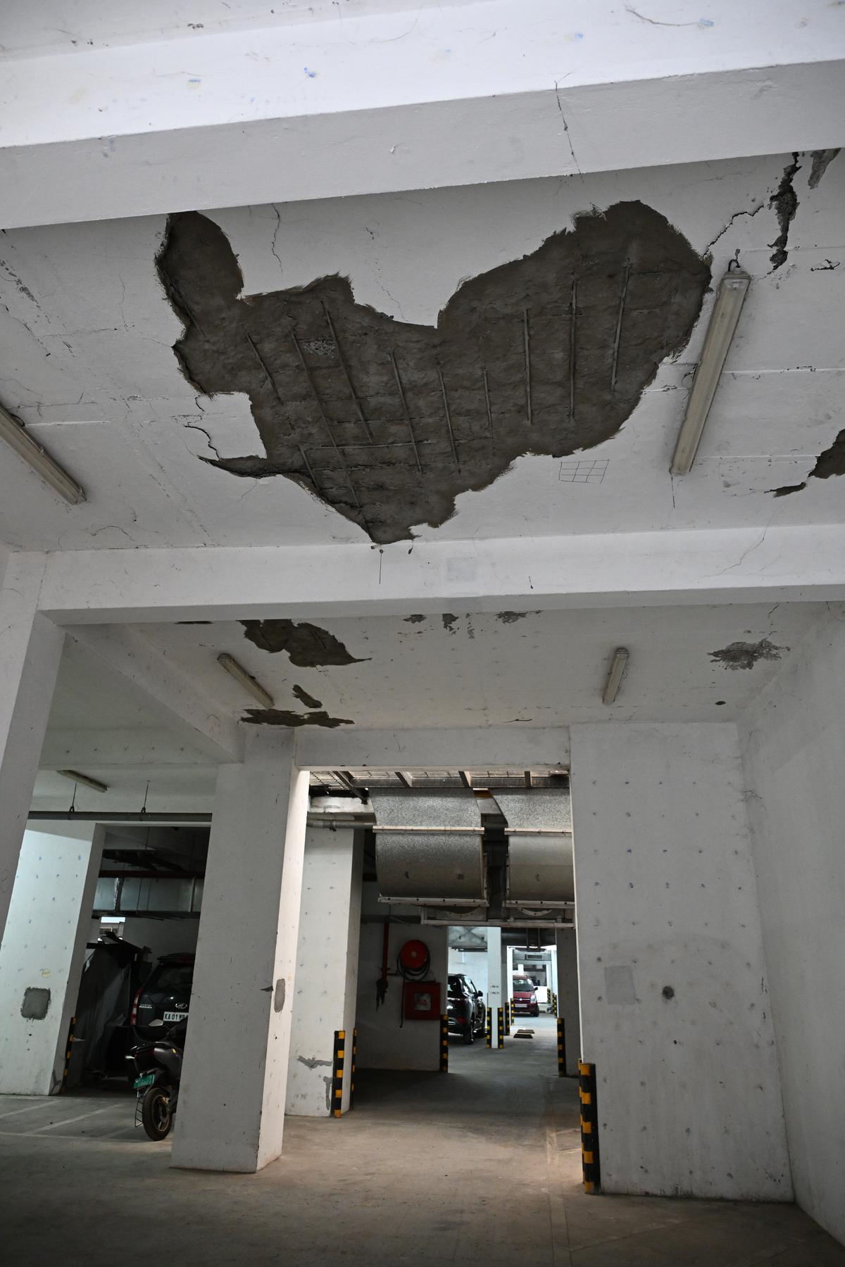 Chunks of concrete have fallen off the roof at the rwin towers of Chander Kunj Army Towers in Vyttila Kochi. 