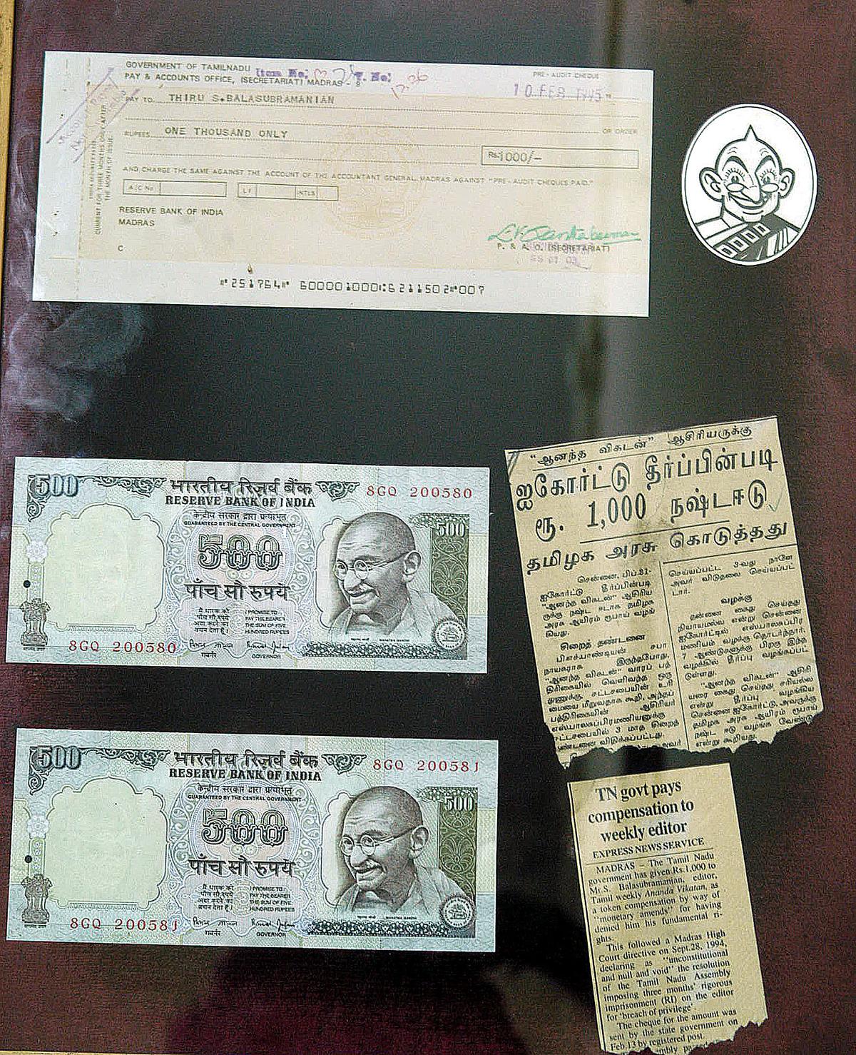 The victor: The Editor, S. Balasubramanian, later framed a photocopy of the cheque, the two ₹500 currency notes from its encashment, and two newspaper clippings on the issue, and kept the collage as a memento in his farmhouse.