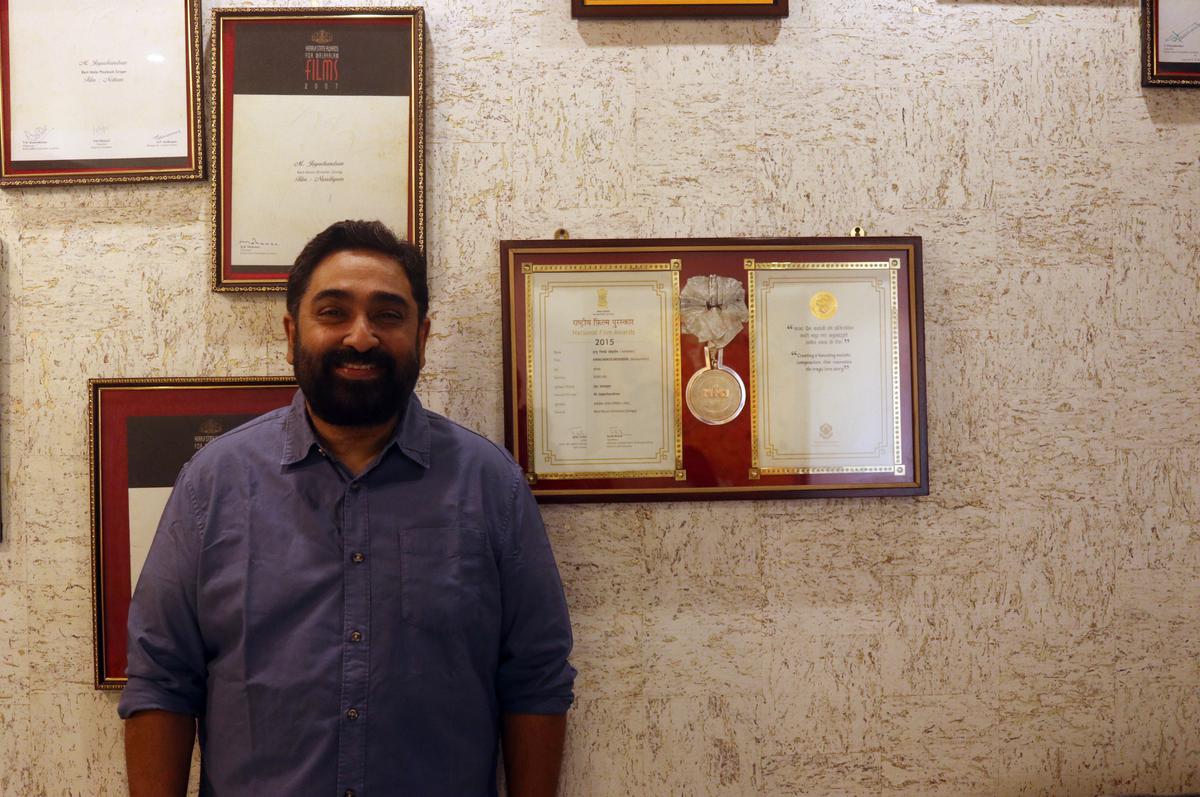 M Jayachandran with the national award he won for the songs in Ennu Ninte Moideen. 