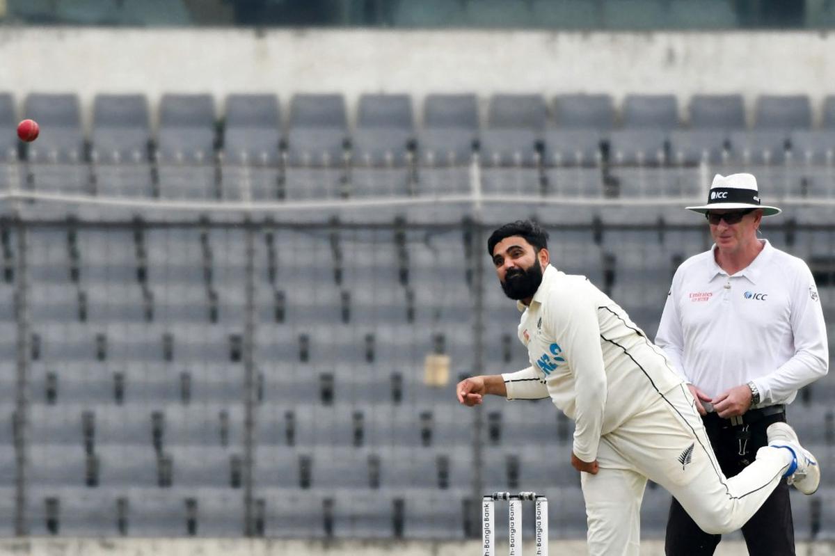 New Zealand Ajaz Patel in action during the second Test against Bangladesh in Dhaka.
