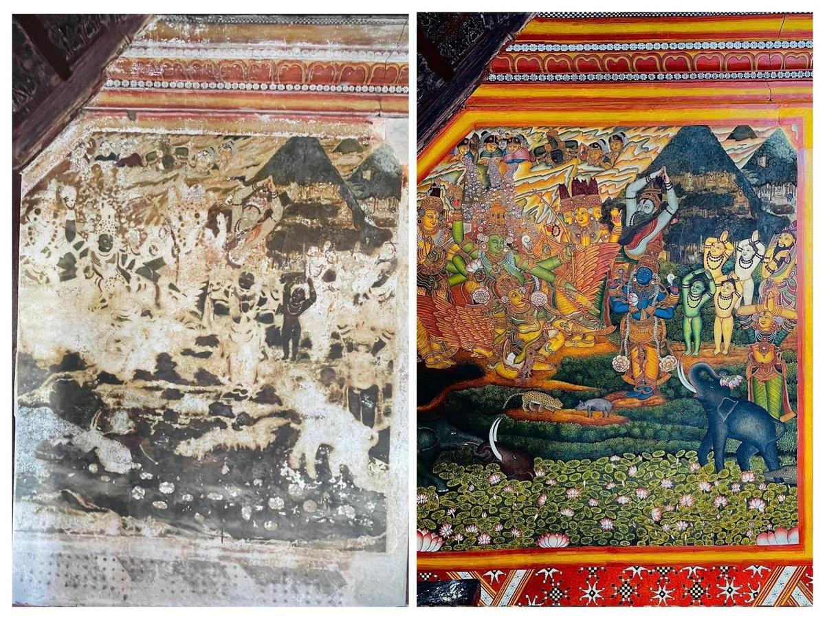 (बाएं से) पुनर्स्थापना से पहले और बाद में गजेंद्रमोक्षम