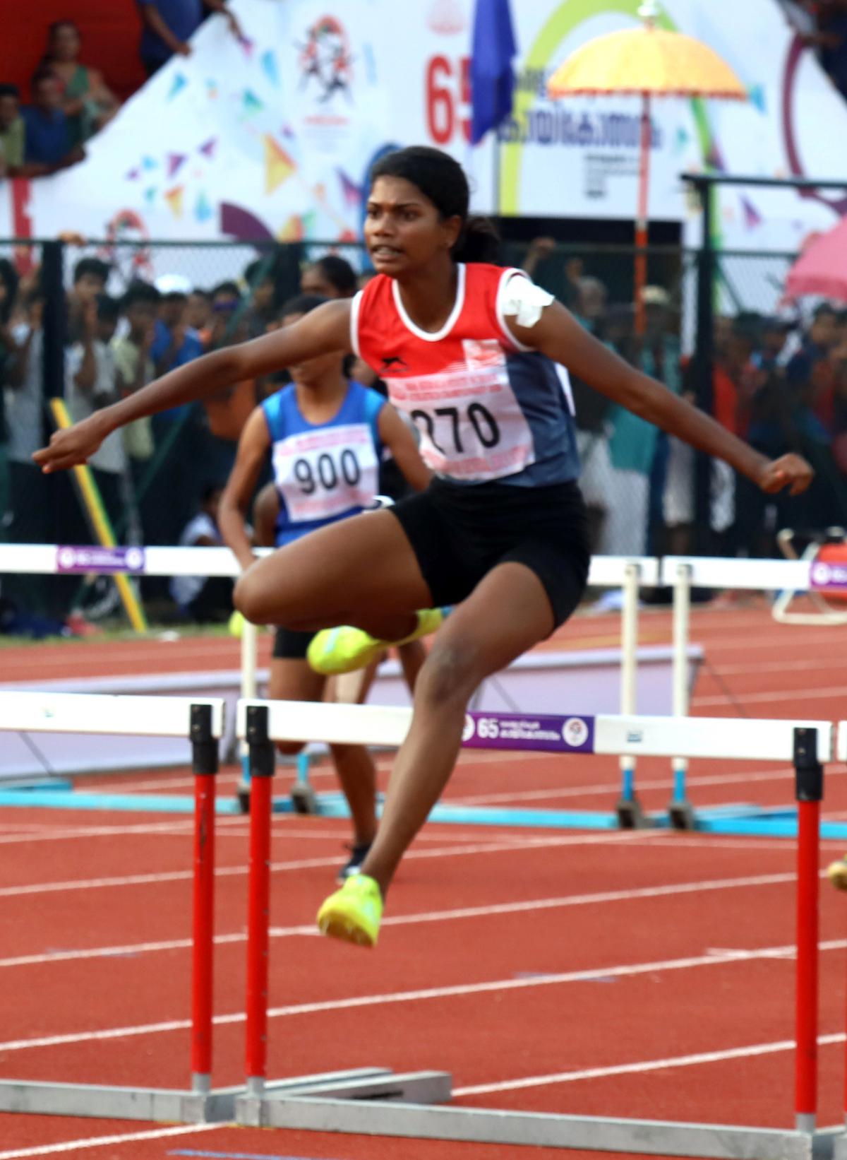 Thiruvananthapuram’s D. Sheeba who claimed the senior girls’ 100m hurdles at the Kerala State schools athletics championships in Kunnamkulam on Thursday.