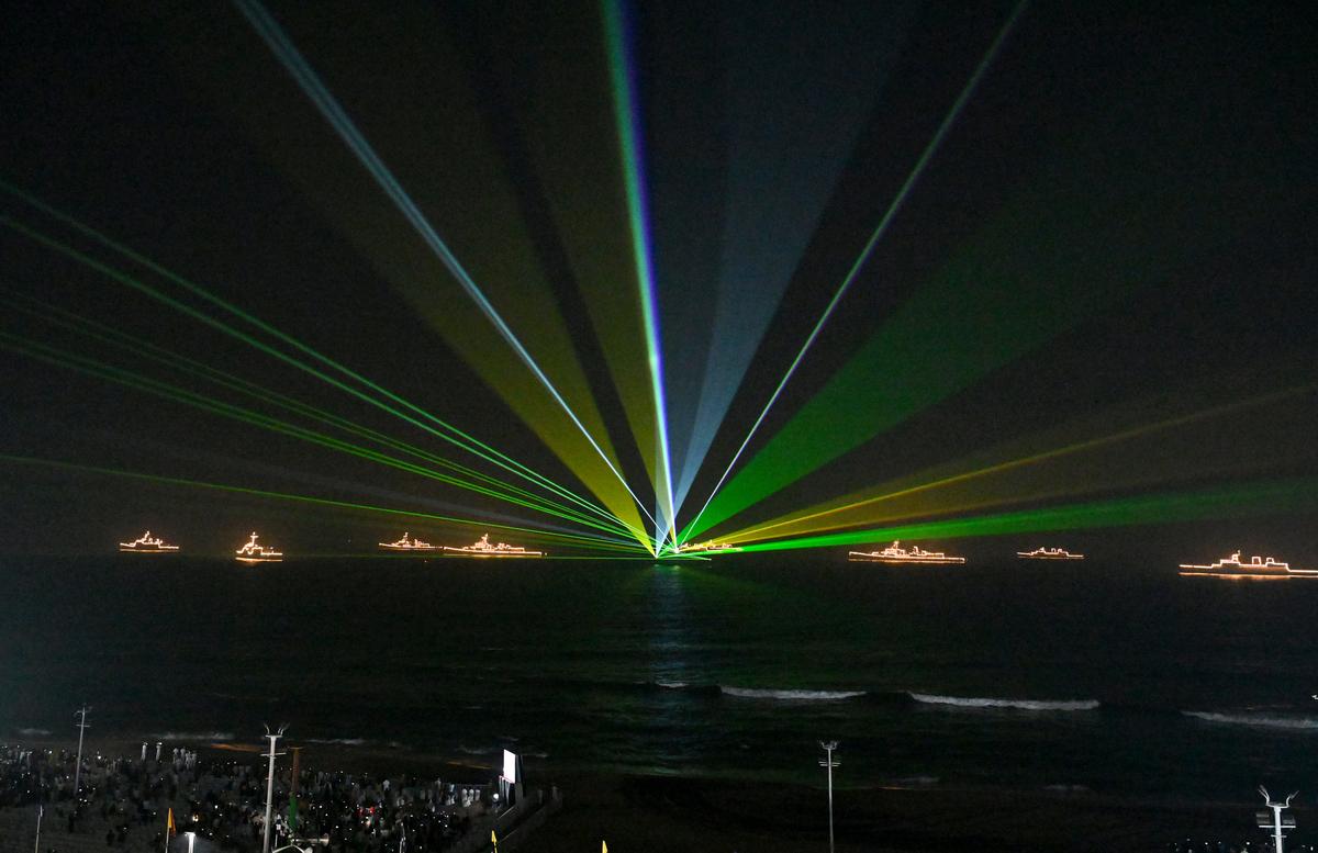 Laser show light up the Visakhapatnam coastline during the rehearsals.