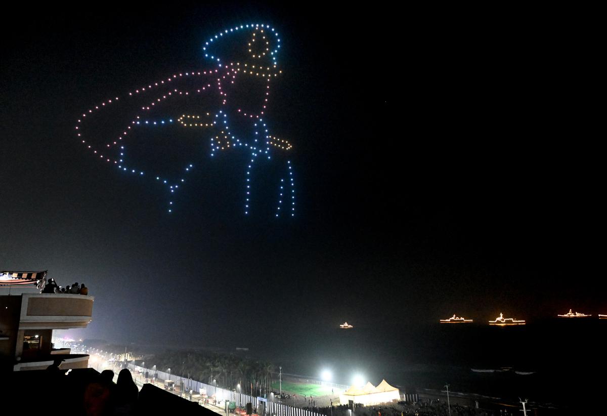 Drones making formations in the sky during the final rehearsal of Eastern Naval Command’s operational demonstration in Visakhapatnam.