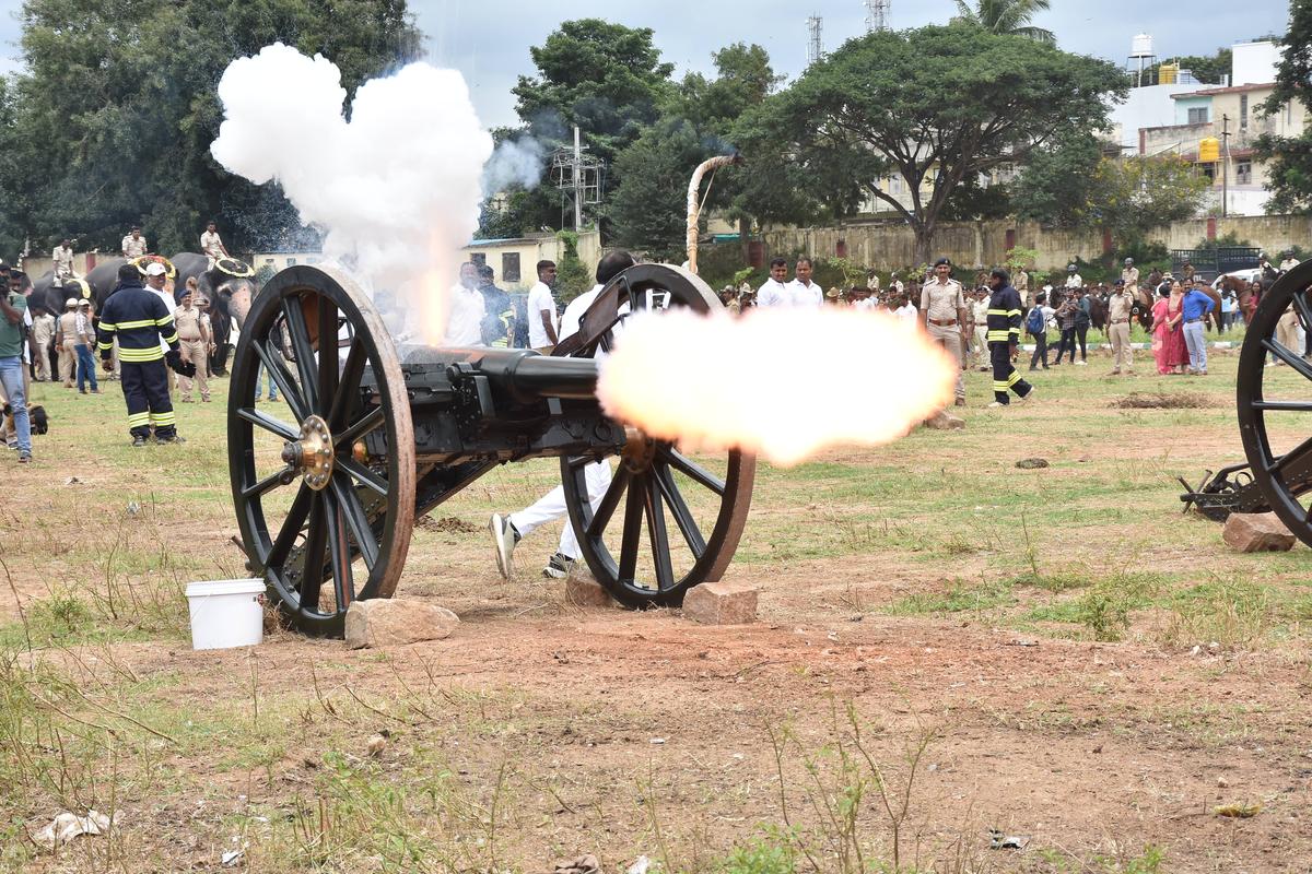 Cannon firing drill was conducted in Mysuru to familiarise the Dasara elephants with the loud sound, on September 26, 2024.
