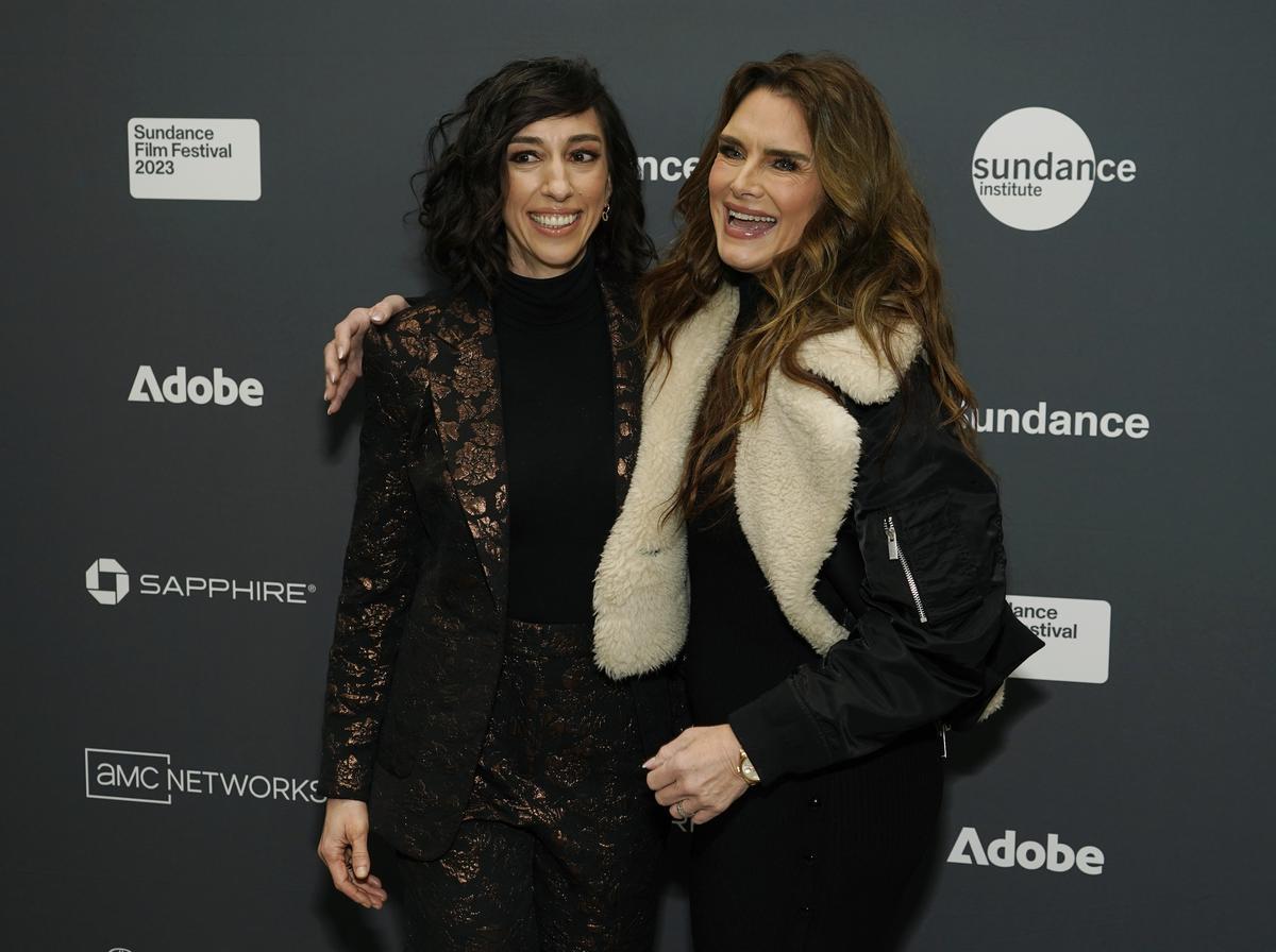 Brooke Shields, right, the subject of the documentary film ‘Pretty Baby: Brooke Shields,’ poses with director Lana Wilson at the premiere of the film at the 2023 Sundance Film Festival