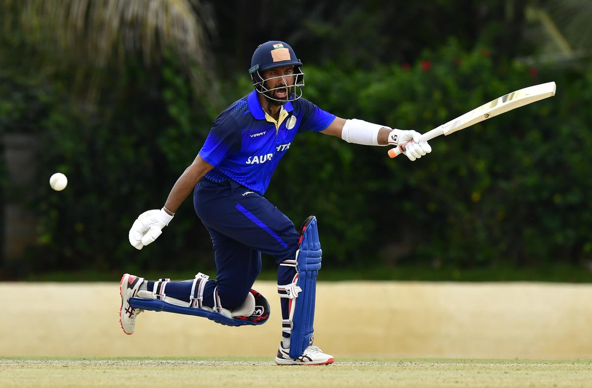 BENGALURU   KARNATAKA   01/12/2023 : Saurashtra's Cheteshwar Pujara plays a shot during the Vijay Hazare Trophy match between Mumbai vs Saurashtra, at Alur KSCA cricket stadium, in Bengaluru on December 01, 2023.   Photo MURALI KUMAR K / The Hindu