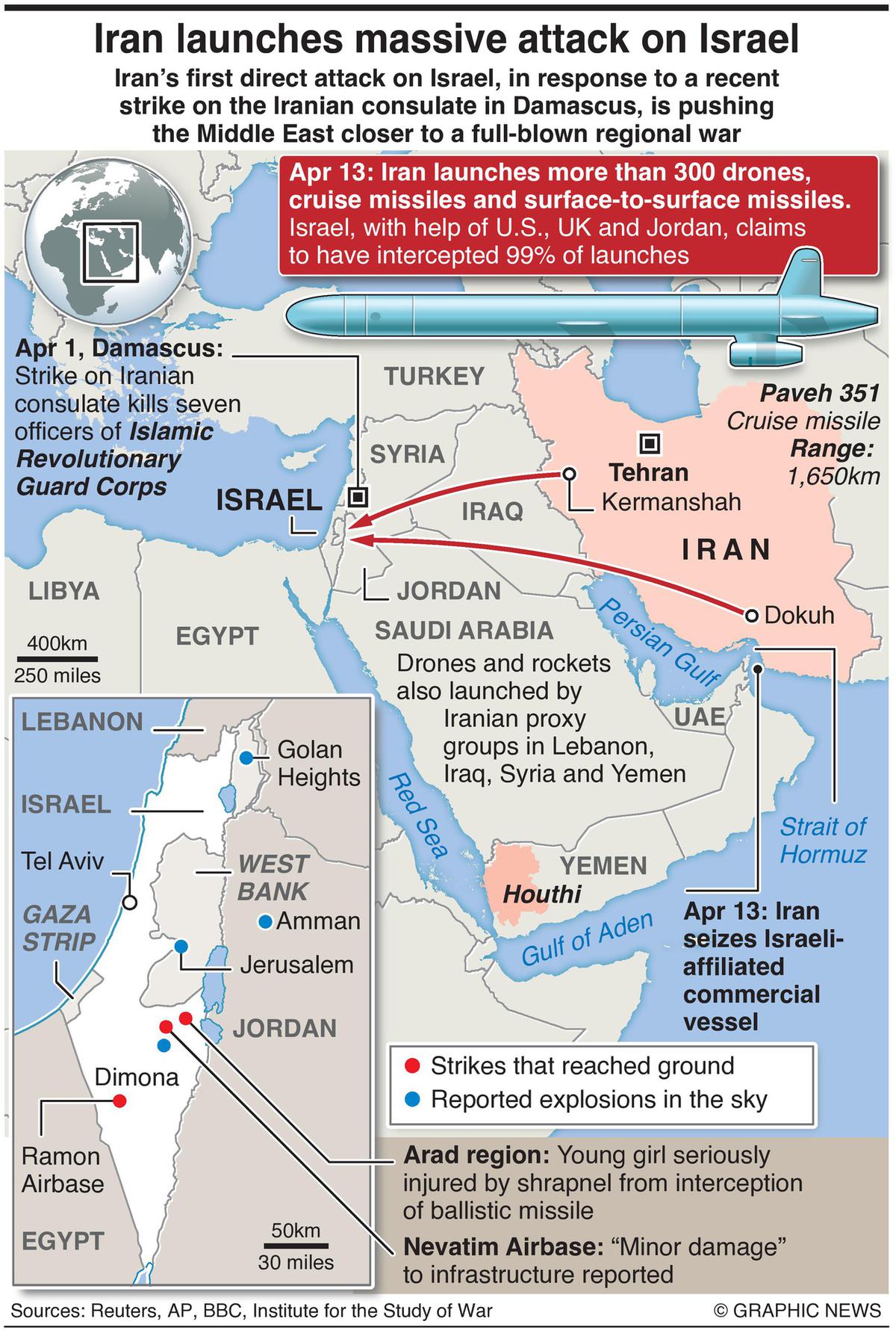 Israel says Iran launched more than 300 drones and missiles, 99 