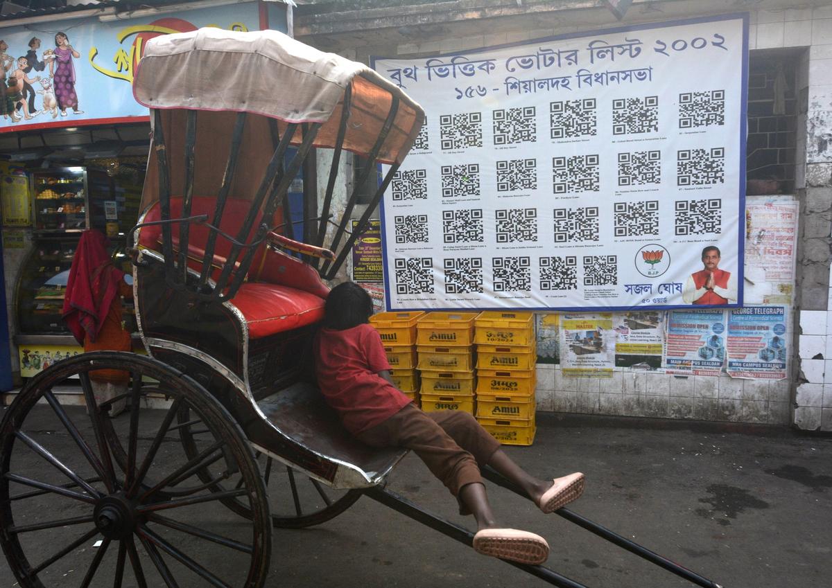 A QR-coded voter list in Kolkata’s Sealdah area, where people can check if their names were included in the 2002 electoral rolls.