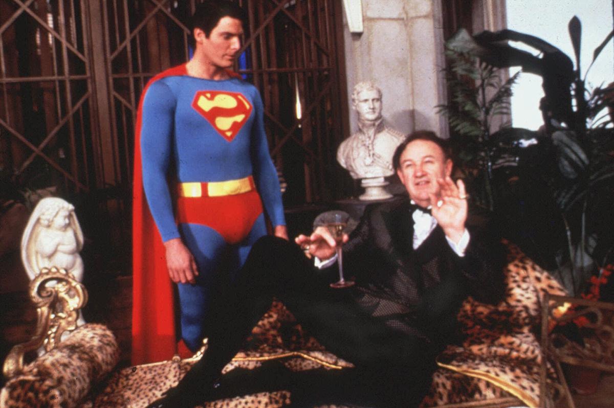 Superman, portrayed by Christopher Reeve, left, and Gene Hackman, right, are shown in a scene from ;Superman IV: The Quest for Peace’