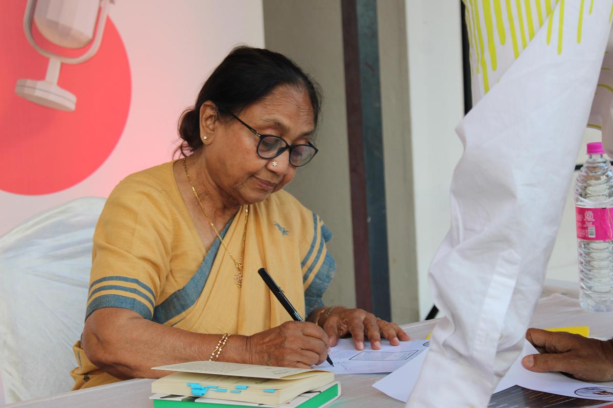 Banu Mushtaq signing books at The Hindu Lit for Life 2026 in Chennai.
