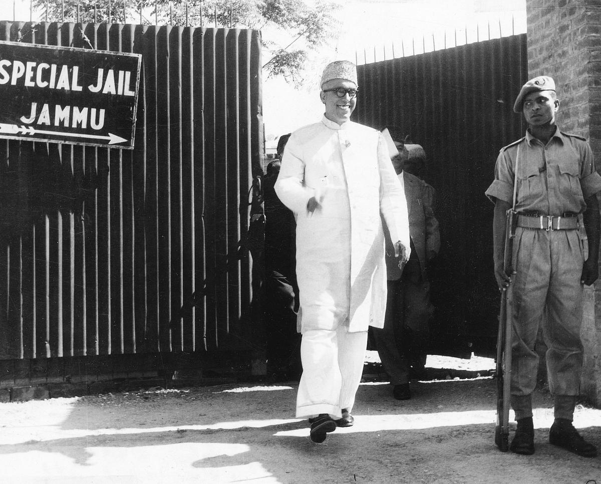 Sheikh Abdullah coming out of the Jammu Jail in April 1964.  He had been interned in this jail for eight years.