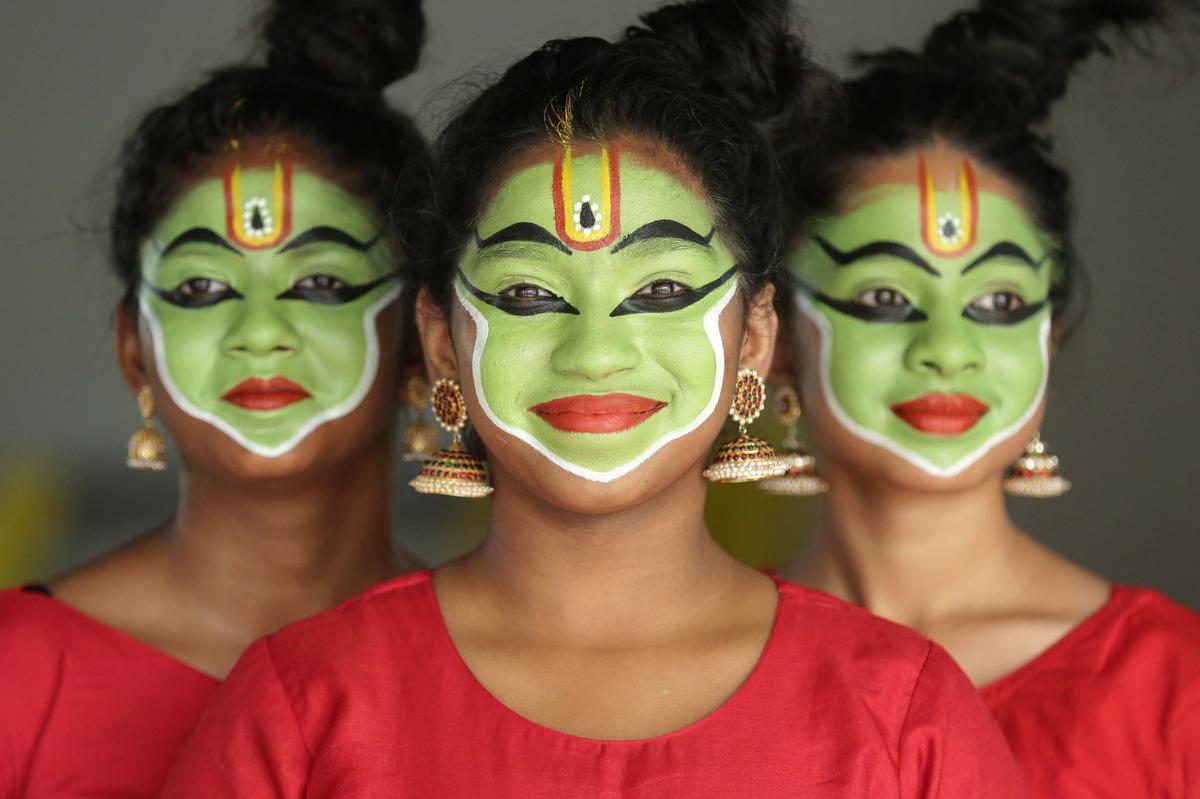 Participants get ready for the high school girls’ Ottanthullal competition at the District School Arts Festival at Kuruppumpady near Perumbavoor on Friday.