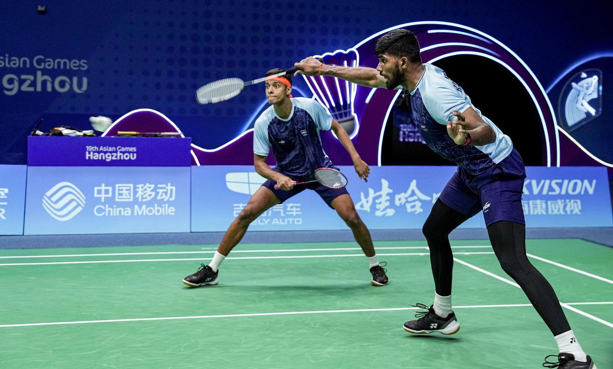 Hangzhou: India’s Satwiksairaj Rankireddy and Chirag Shetty in action during Men’s Doubles Gold Medal badminton match against Korea’s Choi Solgyu and Kim Wonho at the 19th Asian Games, in Hangzhou, China, Saturday, Oct. 7, 2023. 