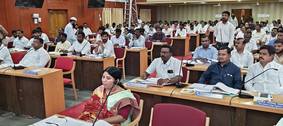 Officials of various departments attending a KDP review meeting in Raichur on Friday.