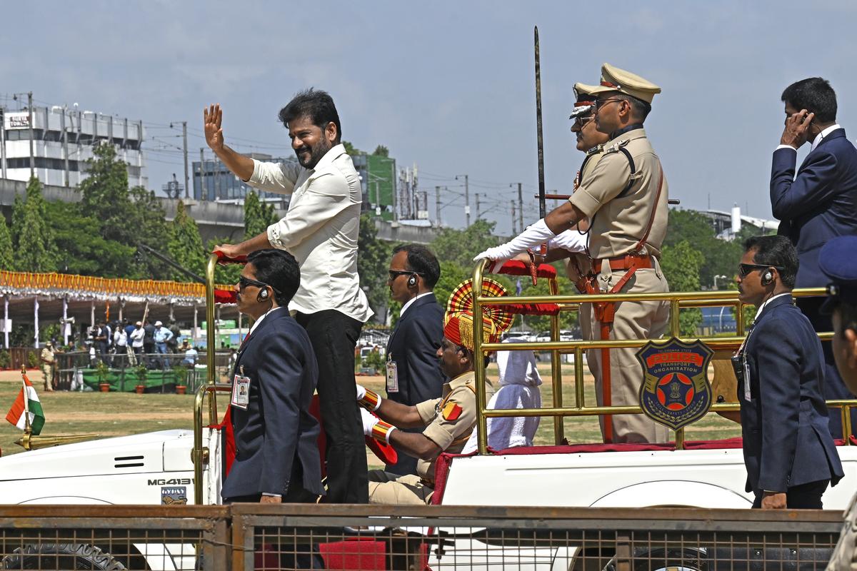 Chief Minister A. Revanth Reddy at the celebrations at Parade grounds in Secunderabad on Monday. Chief Minister A. Revanth Reddy at the celebrations at Parade grounds in Secunderabad on Monday.