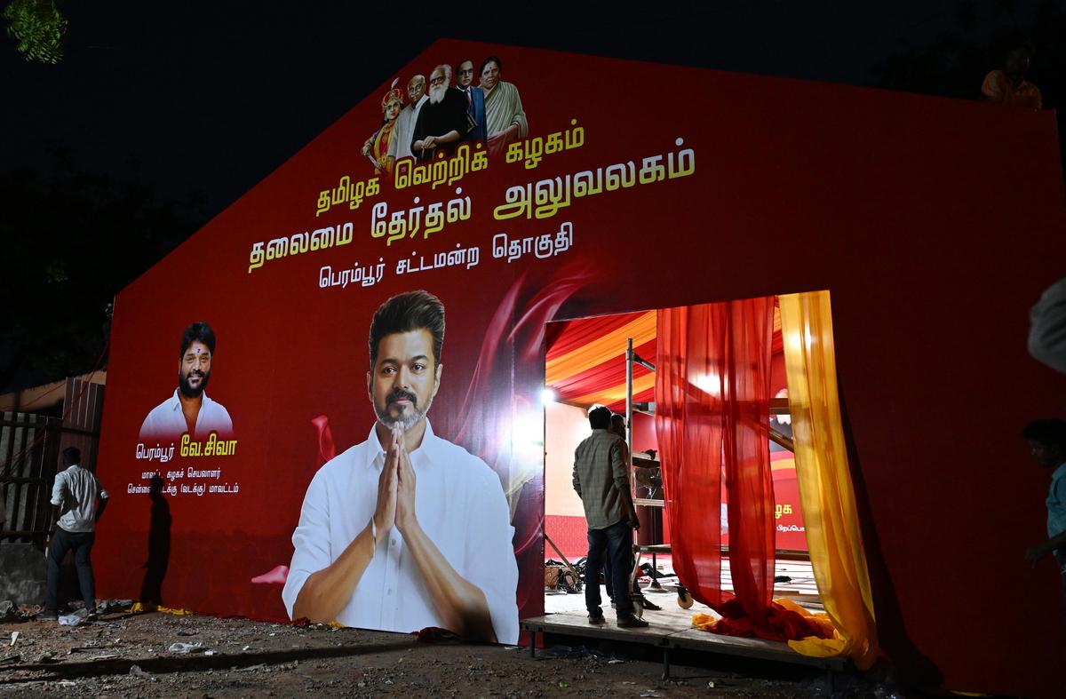 Preparations in full swing for Tamilaga Vettri Kazhagam party’s election office at Krishnamurthy Nagar, Perambur Assemby constituency on March 24, 2026