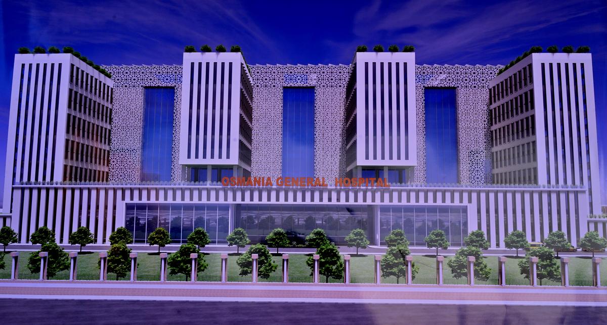 Photographs of the proposed Osmania General Hospital building. The foundation stone for the new building was laid by Telangana Chief Minister A. Revanth Reddy at Goshamahal, Hyderabad on Friday, January 31, 2025.