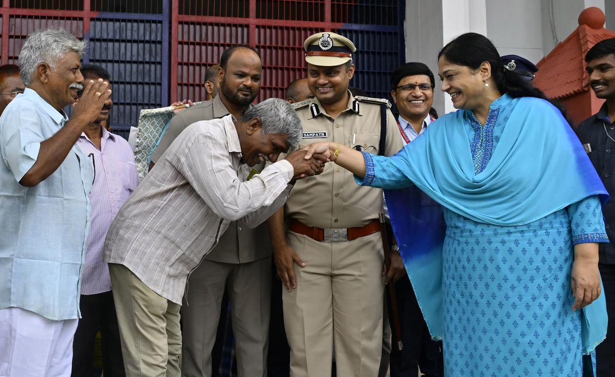 A prisoner thanking Director General of Prisons and Correctional Services Soumya Mishra after release from Cherlapally Central Jail in Hyderabad on July 3.