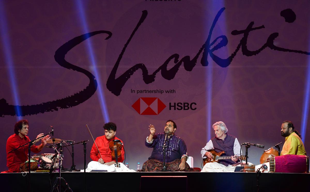 John McLaughlin, Zakir Hussain, Shankar Mahadevan, Ganesh Rajagopalan and Selvaganesh Vinayakram, performing during Shakti - 50th Anniversary India Tour in Bengaluru, on January 20, 2023. 