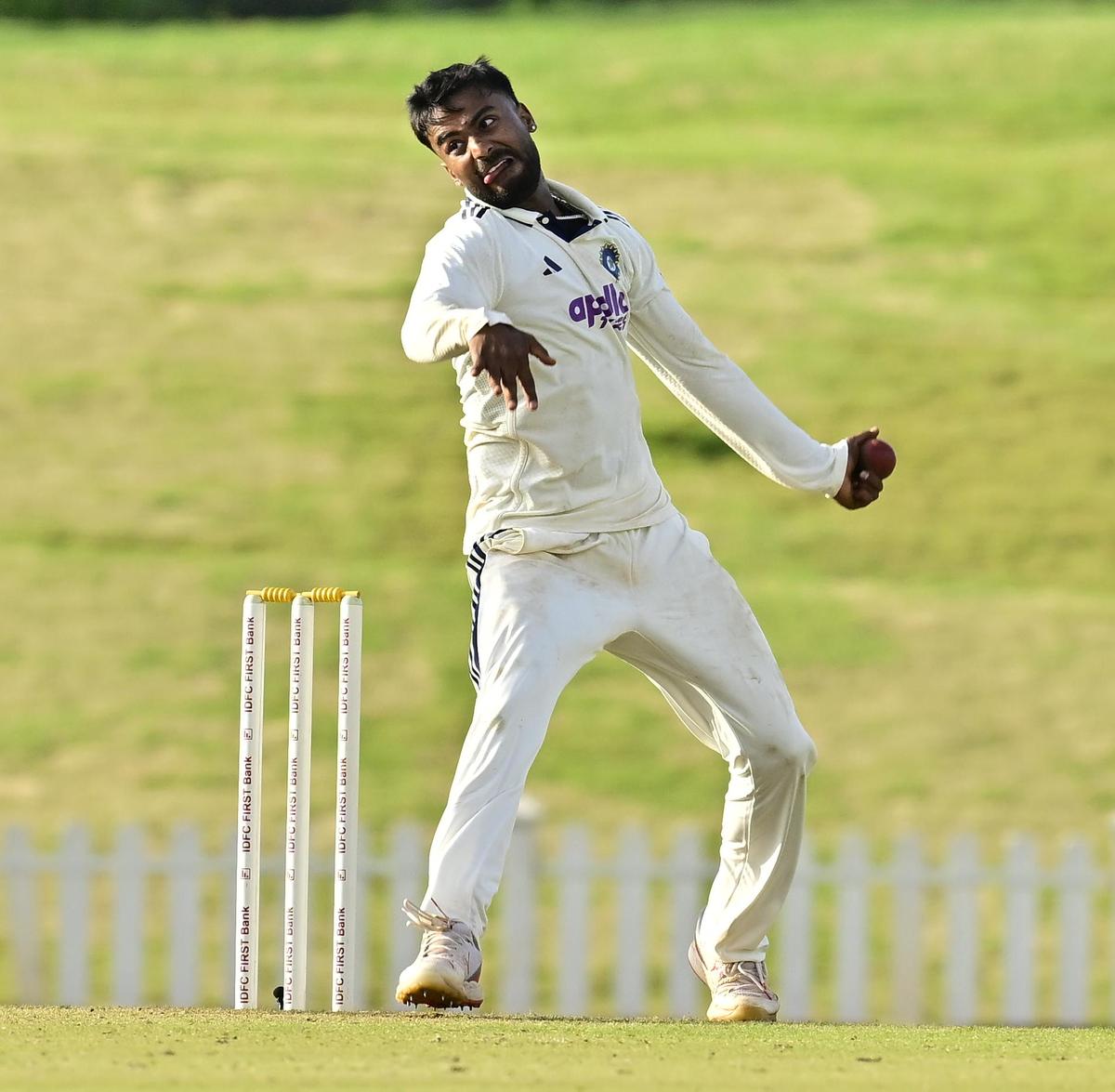 India A's Manav Suthar, on day one of the 1st unofficial Test match between India A and South Africa A, played at BCCI COE Ground 1, near Bengaluru on Thursday, October 30, 2025.