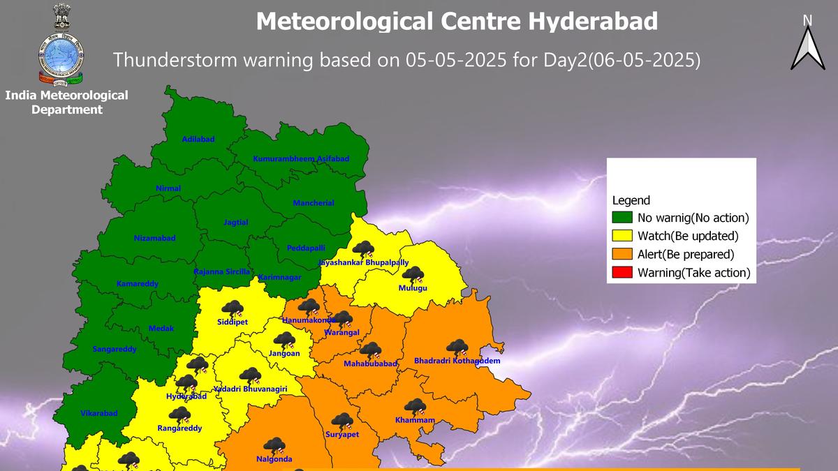 Telangana weather | Orange thunderstorm alert for 7, yellow for 11 districts for May 6