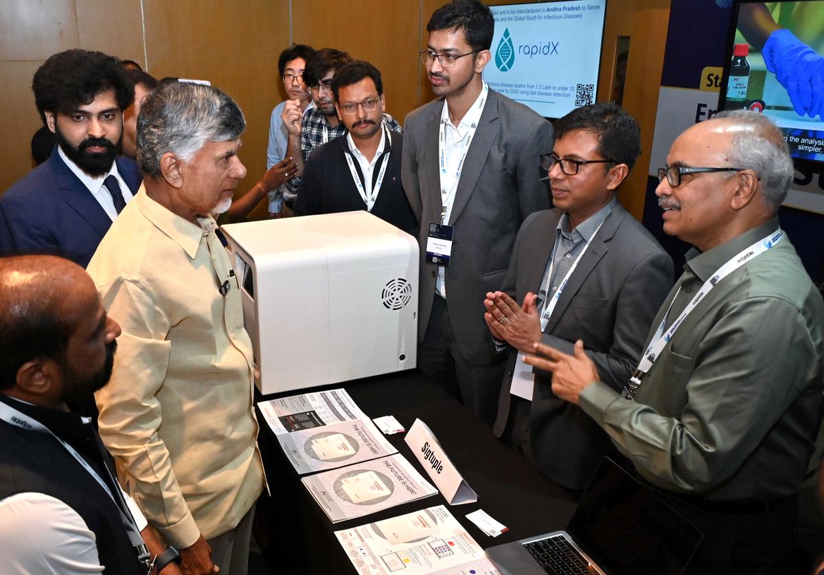 Chief Minister N. Chandrababu Naidu at an exhibition stall during the inaugural session of the DeepTech/GovtTech Innovation Conclave 2024, organised by GFST and A.P. Government, in Visakhapatnam on Friday. 