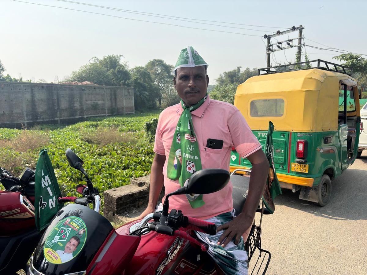 A supporter of AIMIM on his bike in Baisi Assembly constituency in Purnia district of Bihar. A supporter of AIMIM on his bike in Baisi Assembly constituency in Purnia district of Bihar.