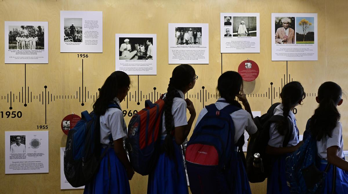 Students visit the Raman Research Institute (RRI) as part of  the National Science Day celebrations in Bengaluru on February 28, 2025.
