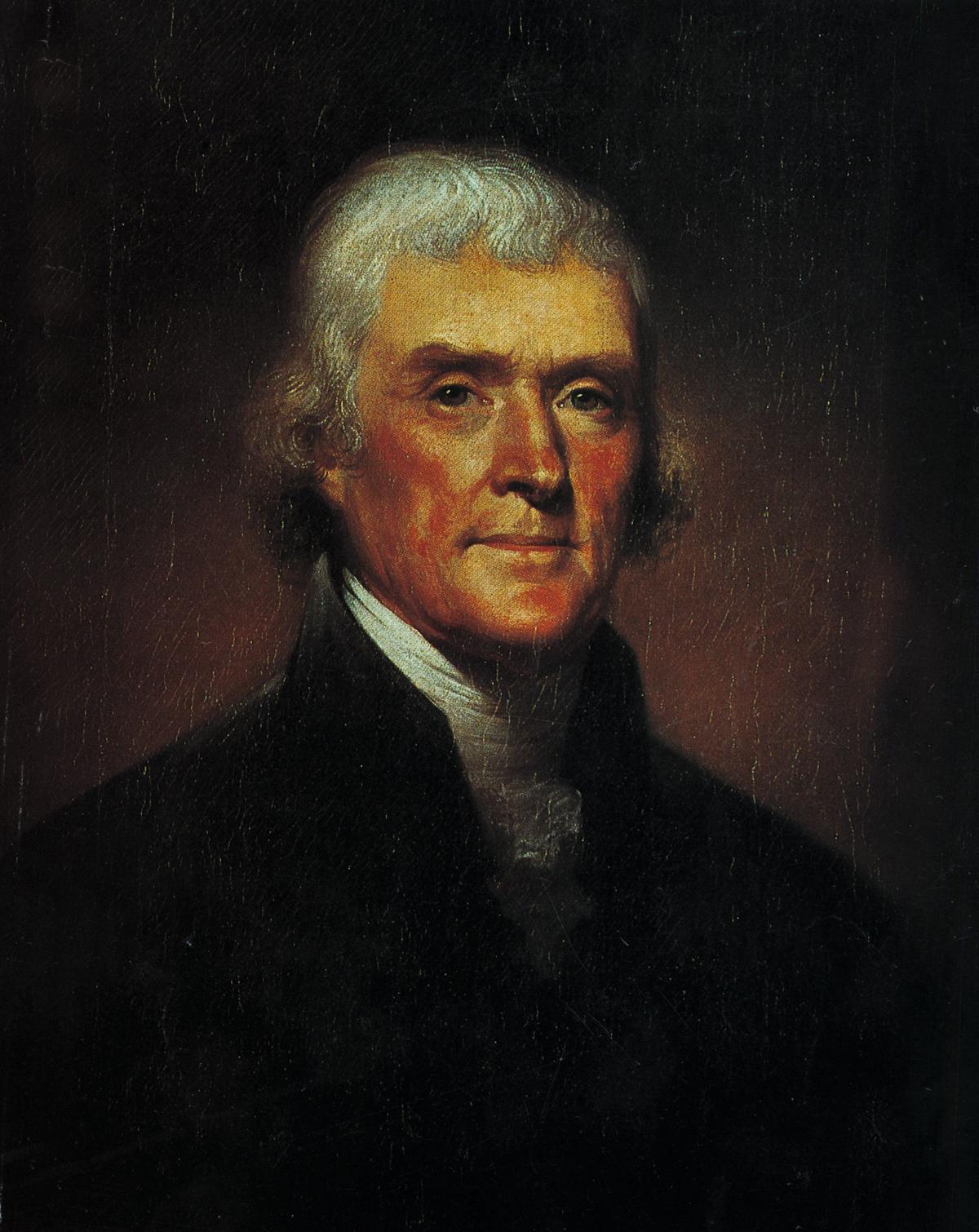 An undated photo of a 1800 portrait depicting Thomas Jefferson by artist Rembrandt Peale.  