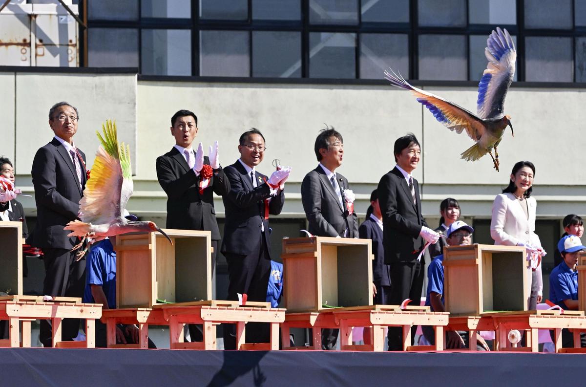 Japan's Crown Prince Akishino, second right, Crown Princess Kiko, right, and other officials watch a crested Ibis marked with painted wings released into wild during an event in Hakui, Japan on May 31, 2026.