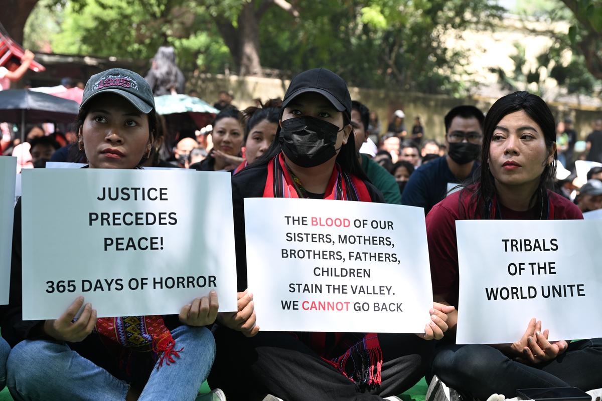 People of Kuki, Zomi and other tribes staging a protest at Jantar Mantar, New Delhi, against violence in Manipur.