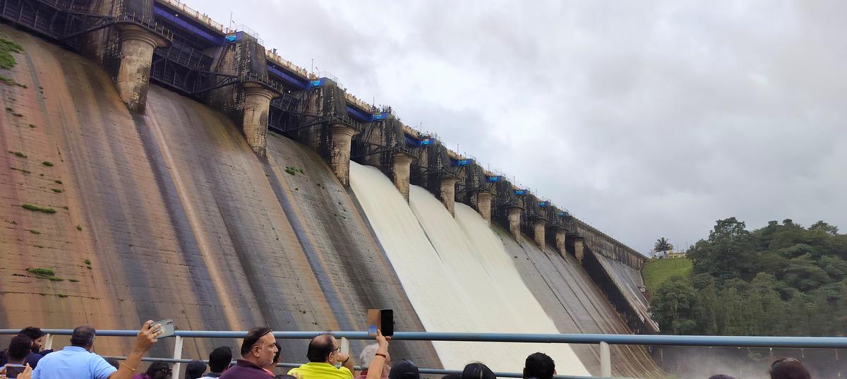 Linganamakki, the major reservoir in the Sharavati valley, was full in August 2024. The crest gates of the dam were opened to release water. 