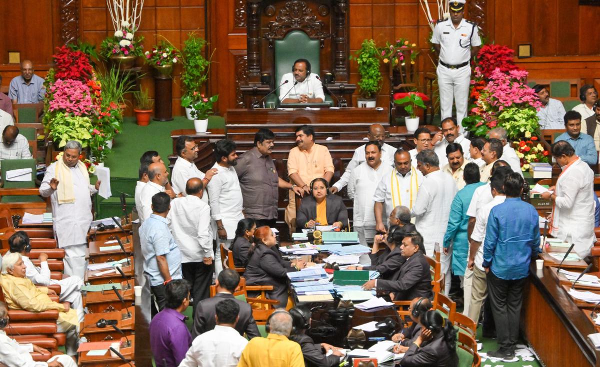 BJP legislators protesting in the well of the House while Karnataka Chief Minister Siddaramaiah is addressing the Assembly, on February 29, 2024.