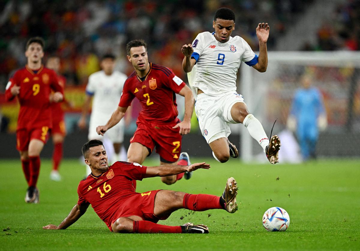 Spain’s Rodri in action with Costa Rica’s Jewison Bennette. File