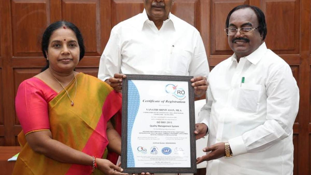 Coimbatore South MLA Vanathi Srinivasan receives ISO 9001: 2015 certification