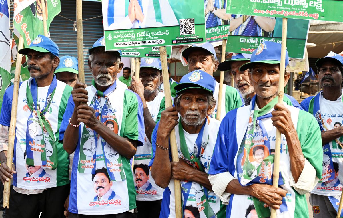 Elderly persons taking part in the padayatra organised by the YSRCP at Durgalamma Gudi Junction, near Poorna Market, in Visakhapatnam on Wednesday. 