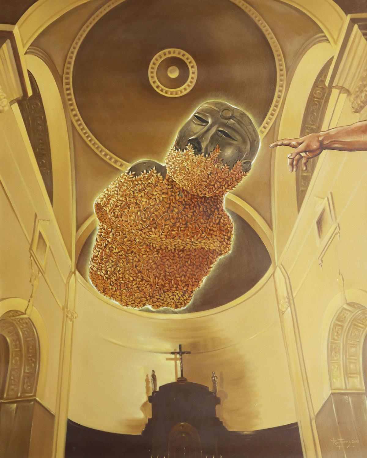 Contemporary artist Roy Thomas' painting The Halo and the Priest