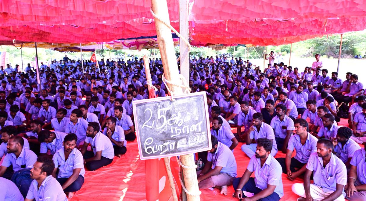 Samsung India factory workers staging continuous strike 25th day at Sunguvarchatram in near Kancheepuram.